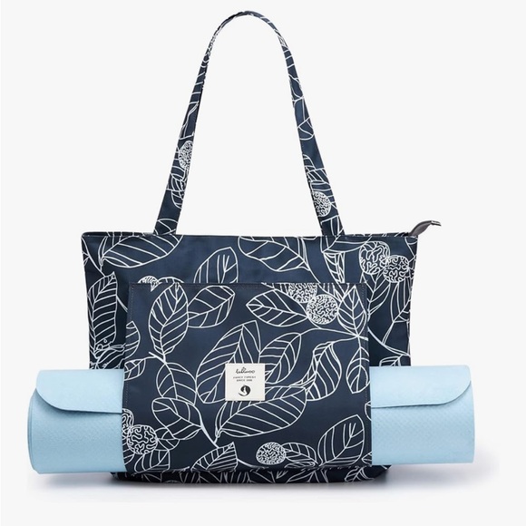 Floral Navy Tote Bag with Yoga Mat Holder - Picture 1 of 4